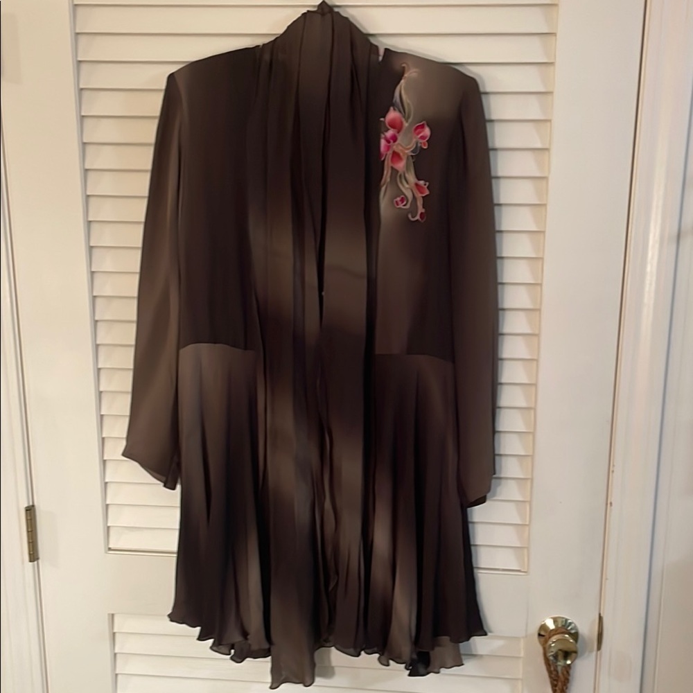 Yolanda Lorente Hand Painted Flower Pure Silk Elegant Brown Sheer MIDI Dress